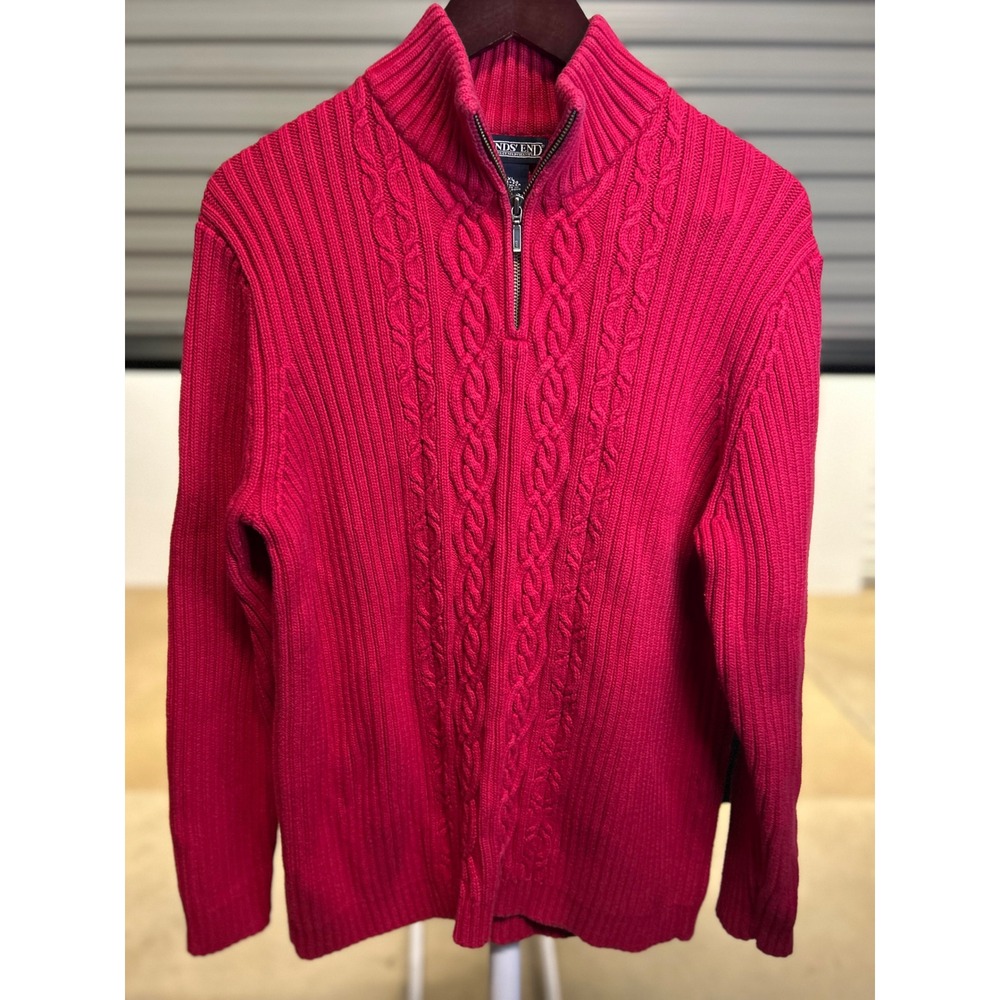 Lands End Sweater Mens XL Red Quarter Zip Cable Knit Cotton Ribbed Pullover